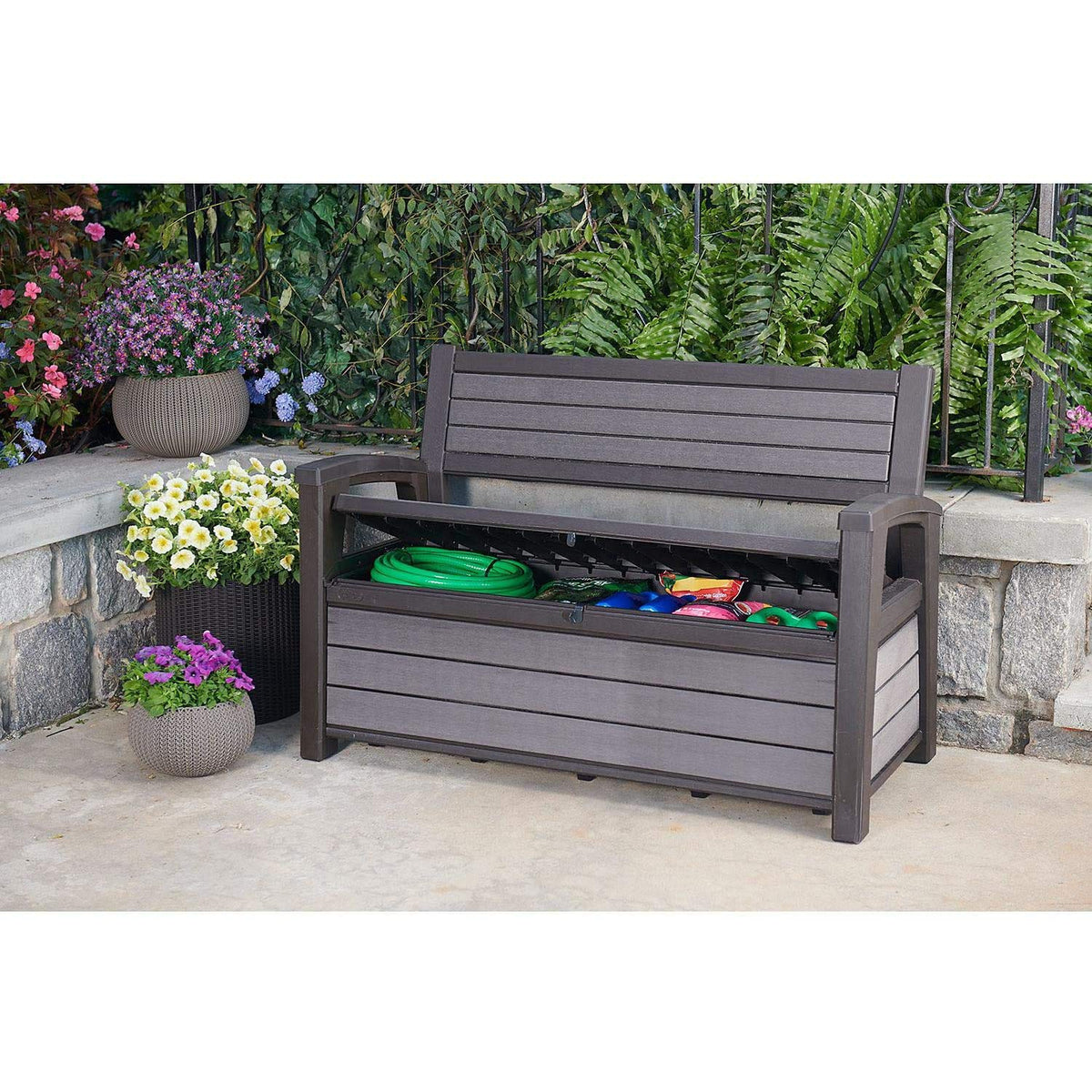 Keter Hudson 60 Gallon Capacity Plastic Resin Weather Resistant Outdoor Home Backyard Storage Bench/Deck Box Chest Patio Furniture, Gray