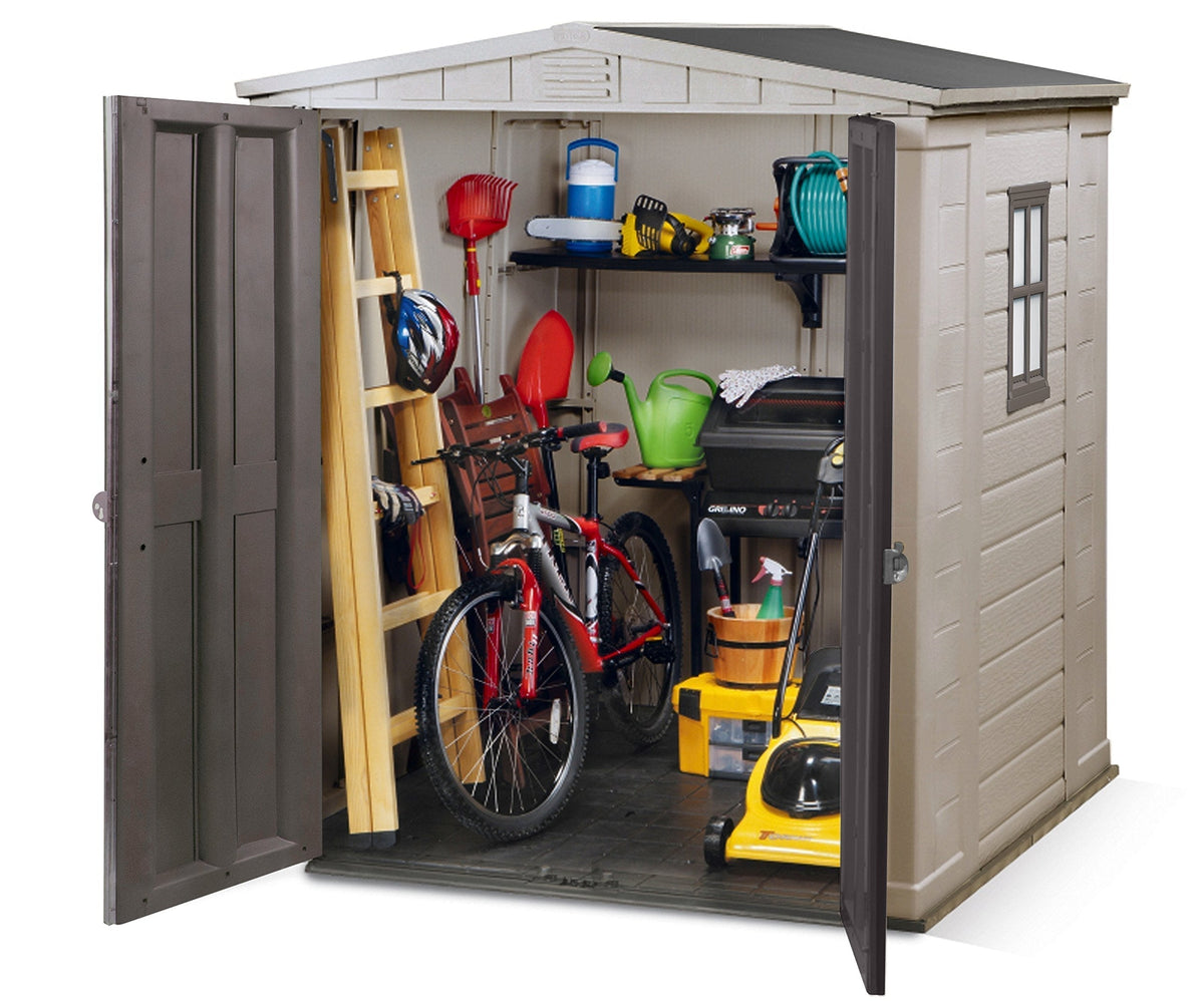 Keter Factor Outdoor Apex Double Door Garden Storage Shed 6 x 6ft Beige Brown Wood effect | Fade Free | All Weather Resistant | Safe and Secure | Zero Maintenance | 15 year Warranty