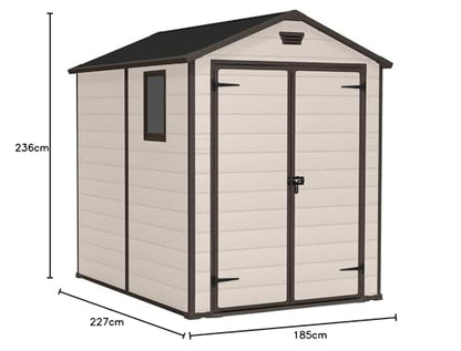Keter Manor Outdoor Apex Double Door Garden Storage Shed 6 x 8ft Beige Brown Wood effect | Fade Free | All Weather Resistant | Safe and Secure | Zero Maintenance | 15 year Warranty