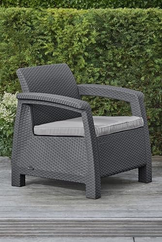 Keter GF06784 Corfu Outdoor 4 Seater Rattan Sofa Furniture Set with Accent Table - Graphite with Cream/Mushroom Cushions