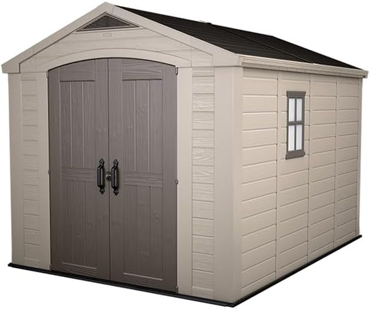 8x11ft Factor Outdoor Garden Storage Shed — Beige Resin, Steel-Reinforced
