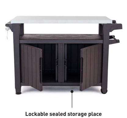 Keter Unity XL BBQ Side Table, Dimensions 134 x 51.7 x 89.6 cm, Grey, Weatherproof, Stainless Steel Worktop, Outdoor Sideboard, Perfect for Grilling in Spring