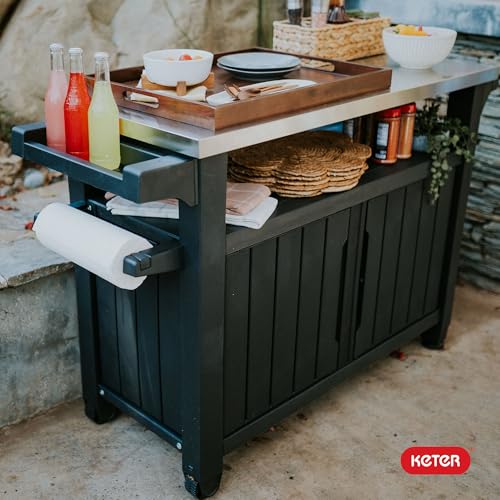 Keter Unity XL Outdoor Portable Table and Storage Cabinet with Hooks for Grill Accessories Stainless Steel Top for Patio, Kitchen, Island or Bar Cart, Dark Grey