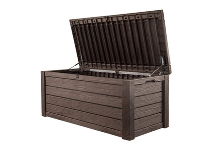 Keter Westwood 570L Outdoor 75% recycled Garden Furniture Storage Box Brown Wood Panel Effect ; Fade Free ; All Weather Resistant ; Safe and Secure ; Zero Maintenance ; 2 year Warranty