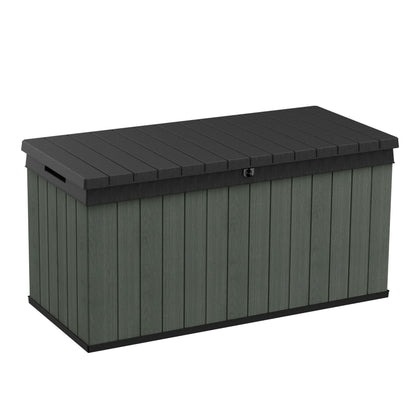 Keter Darwin 454L Outdoor Storage Box – Grey | Lockable Weatherproof Garden Deck Box & Bench | Evotech™ Wood-Effect Composite | Hydraulic Lid | Seats 2 Adults | Durable, Maintenance-Free Construction