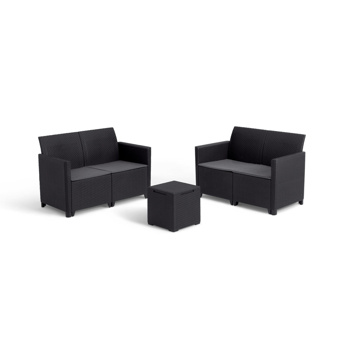 Keter Marie Outdoor Lounge Set | 2 Sofas + Vigo Storage Table + Cushions | Rattan-Effect Finish | Weatherproof Resin | 15-Min Easy Assembly | 3-Year Guarantee