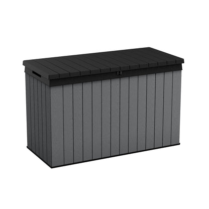Keter Darwin 454L Outdoor Storage Box – Grey | Lockable Weatherproof Garden Deck Box & Bench | Evotech™ Wood-Effect Composite | Hydraulic Lid | Seats 2 Adults | Durable, Maintenance-Free Construction
