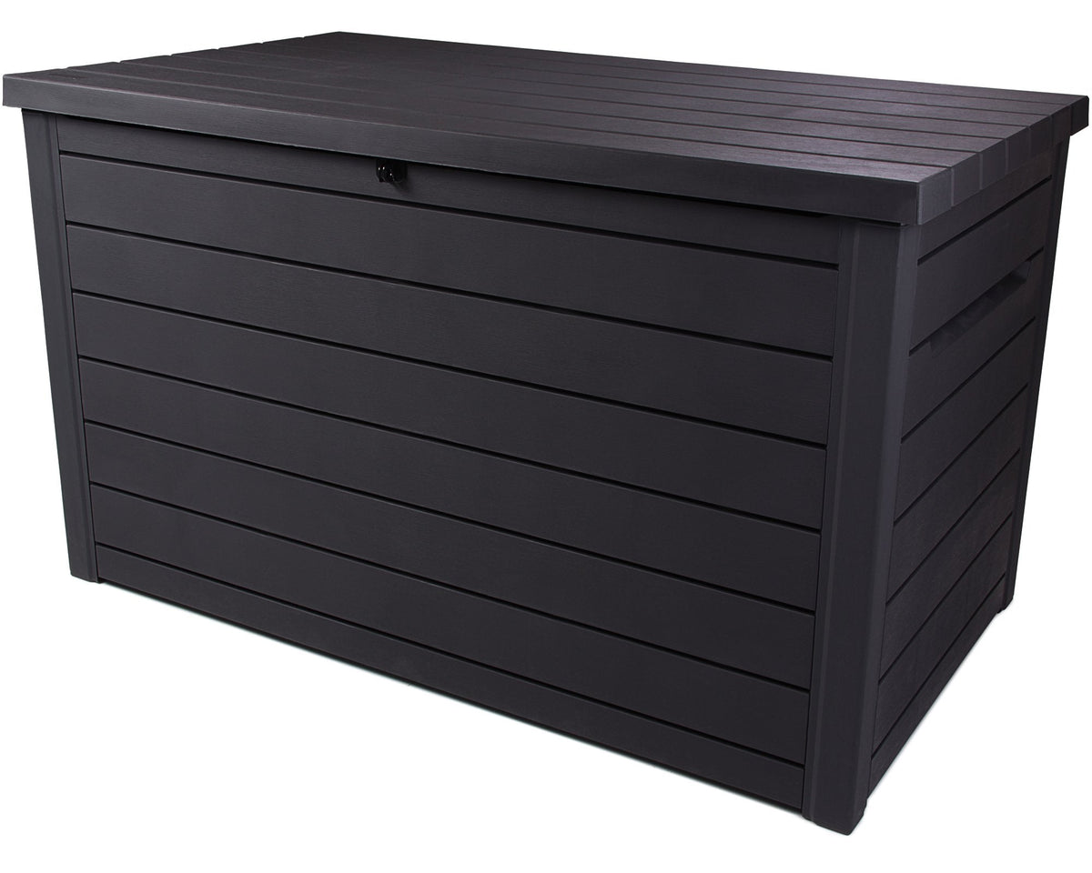 Keter Ontario XXL Cushion Box, Storage Box, Anthracite, 870 Litres, Wood Look with Gas Pressure Springs, Approx. 146 x 82 x 86 (H) cm