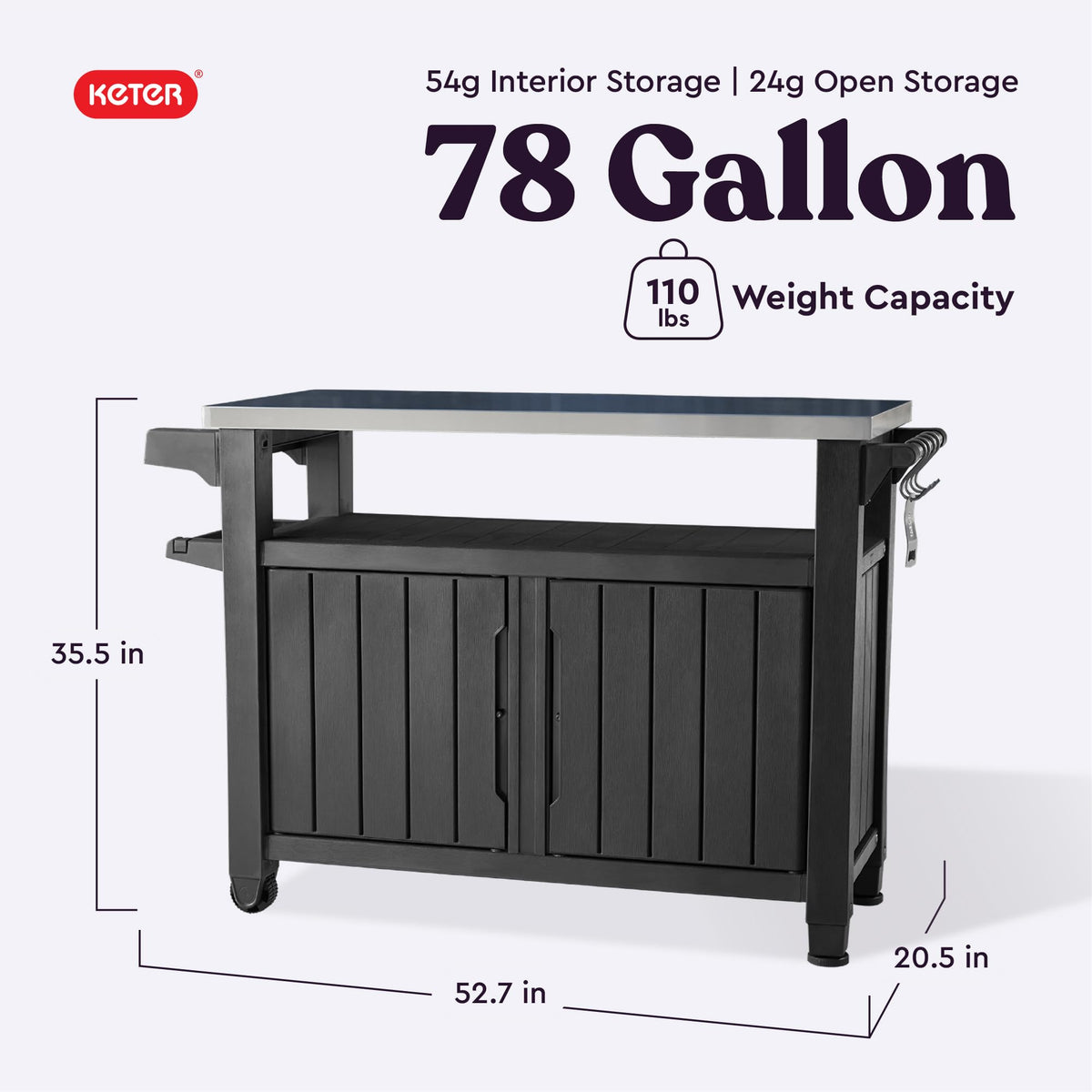 Keter Unity XL Outdoor Portable Table and Storage Cabinet with Hooks for Grill Accessories Stainless Steel Top for Patio, Kitchen, Island or Bar Cart, Dark Grey