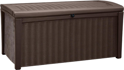 Keter Borneo 416L Outdoor 60% recycled Garden Furniture Storage Box Brown Rattan Effect | Fade Free | All Weather Resistant | Safe and Secure | Zero Maintenance | 2 year Warranty