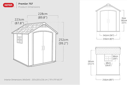 Keter Premier Apex Outdoor Garden Storage Shed, Grey, 7.5 x 7 ft