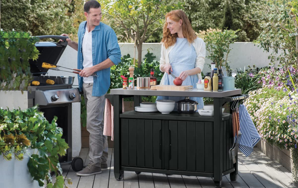 Keter Unity XL BBQ Side Table, Dimensions 134 x 51.7 x 89.6 cm, Grey, Weatherproof, Stainless Steel Worktop, Outdoor Sideboard, Perfect for Grilling in Spring
