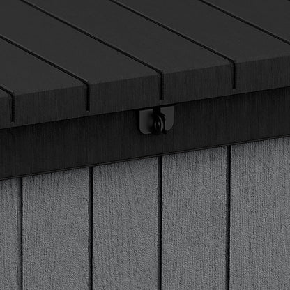 Keter Darwin 454L Outdoor Storage Box – Grey | Lockable Weatherproof Garden Deck Box & Bench | Evotech™ Wood-Effect Composite | Hydraulic Lid | Seats 2 Adults | Durable, Maintenance-Free Construction