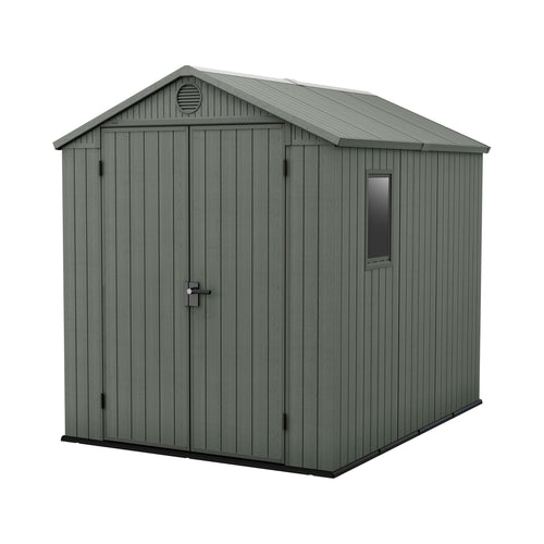 Keter Darwin 6x8ft Outdoor Resin Garden Shed – Green Evotech+ Wood-Look | Waterproof Resin Storage for Tools & Bikes | Double Doors | Lockable | 15 Yr Warranty | Zero Maintenance