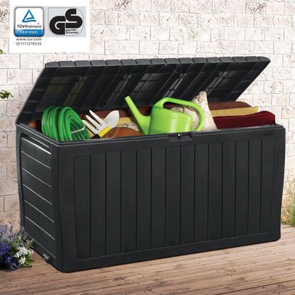 Deuba® Marvel+ Plus by KETER 270 Litre Outdoor 65% Recycled Garden Furniture Cushion Storage Box | Fade Free | Weather Resistant | Safe & Secure | Maintenance Free | Graphite Wood Effect Anthracite