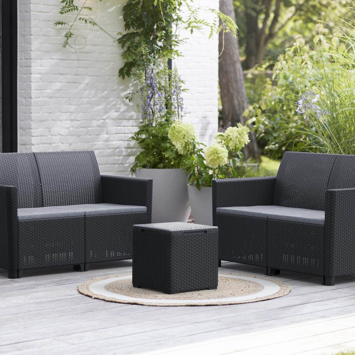 Keter Marie Outdoor Lounge Set | 2 Sofas + Vigo Storage Table + Cushions | Rattan-Effect Finish | Weatherproof Resin | 15-Min Easy Assembly | 3-Year Guarantee