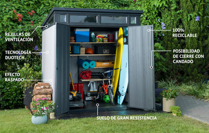 Keter Artisan Outdoor Pent Double Door Garden Storage Shed 7 x 7ft Grey Duotech+ Wood look and feel, Fade Free, All Weather Resistant, Safe and Secure, Zero Maintenance