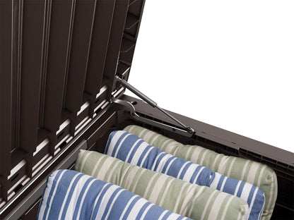 Keter Westwood 570L Outdoor 75% recycled Garden Furniture Storage Box Brown Wood Panel Effect ; Fade Free ; All Weather Resistant ; Safe and Secure ; Zero Maintenance ; 2 year Warranty