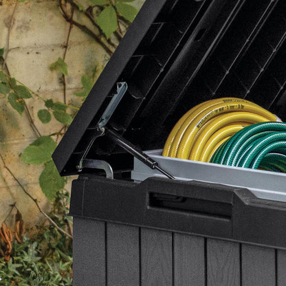 Keter Darwin 454L Outdoor Storage Box – Grey | Lockable Weatherproof Garden Deck Box & Bench | Evotech™ Wood-Effect Composite | Hydraulic Lid | Seats 2 Adults | Durable, Maintenance-Free Construction