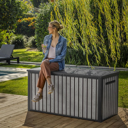 Keter Signature 643L Outdoor Storage Box – Venetian Grey | Weather‑Resistant, UV‑Protected, Lockable Storage Box | 350 kg Lid Capacity to Seat Two Adults | Piston‑Assisted Opening