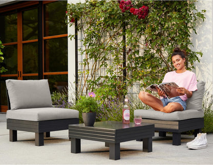 Keter Elements 2 Seater 100% recycled Outdoor Garden Furniture Modular Balcony Set - Graphite with Grey Cushions Fade Free | All Weather Resistant | Easy Clean | Zero Maintenance
