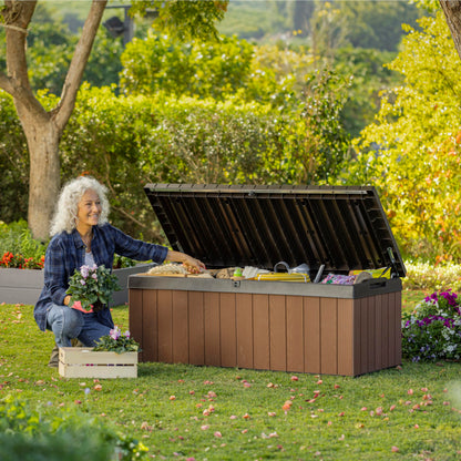 Keter Darwin 380L Outdoor Garden Furniture Storage Box Brown Evotech+ Wood Look and Feel | Fade Free | All Weather Resistant | Safe and Secure | Zero Maintenance | 2 year Warranty