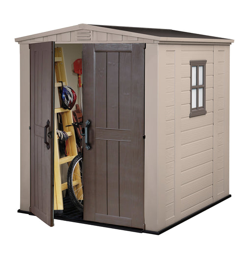 Keter Factor Outdoor Apex Double Door Garden Storage Shed 6 x 6ft Beige Brown Wood effect | Fade Free | All Weather Resistant | Safe and Secure | Zero Maintenance | 15 year Warranty