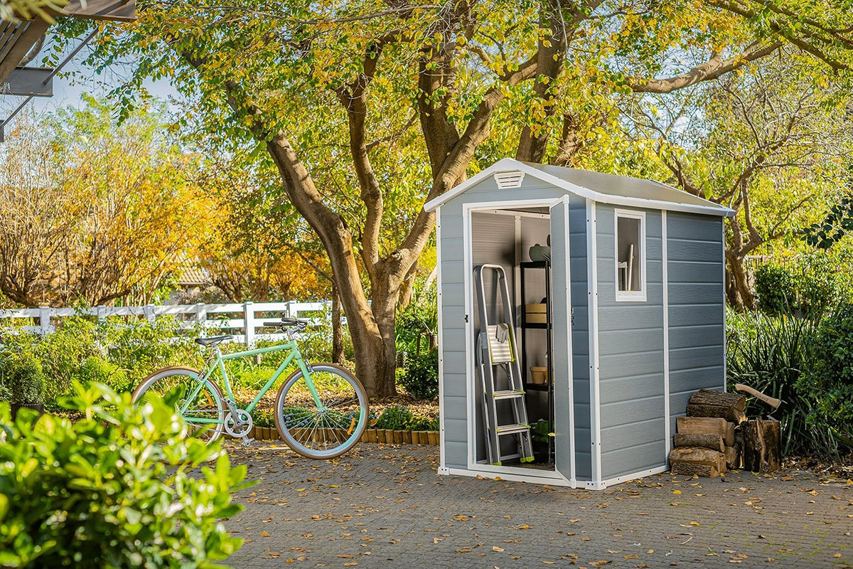 6x5ft Outdoor Plastic Garden Storage Shed — Weatherproof Grey Garden Shed