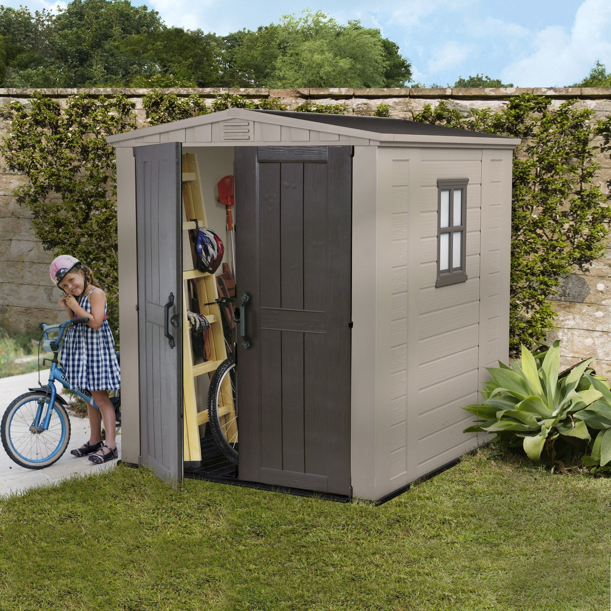 Keter Factor Outdoor Apex Double Door Garden Storage Shed 6 x 6ft Beige Brown Wood effect | Fade Free | All Weather Resistant | Safe and Secure | Zero Maintenance | 15 year Warranty